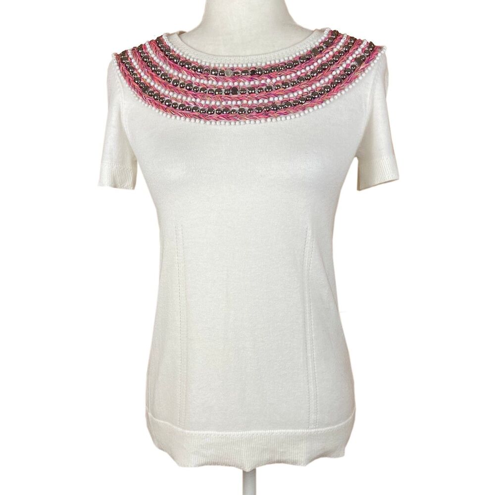 Milly Embellished Neckline Sweater Size XS (READ) Ivory Super Soft Short Sleeves